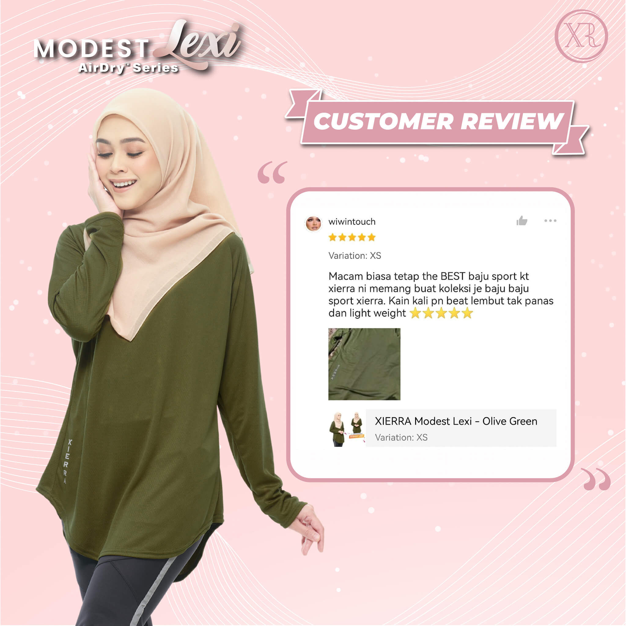 A woman smiling, wearing cream colored hijab, green top and black pants with a customer review's displayed next to her.